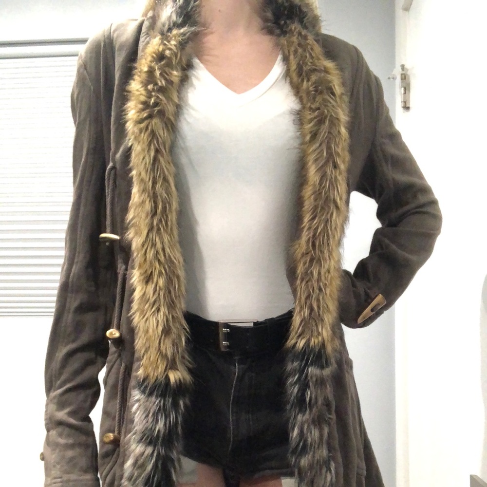 XCVI 100% cotton green jacket with fur trim